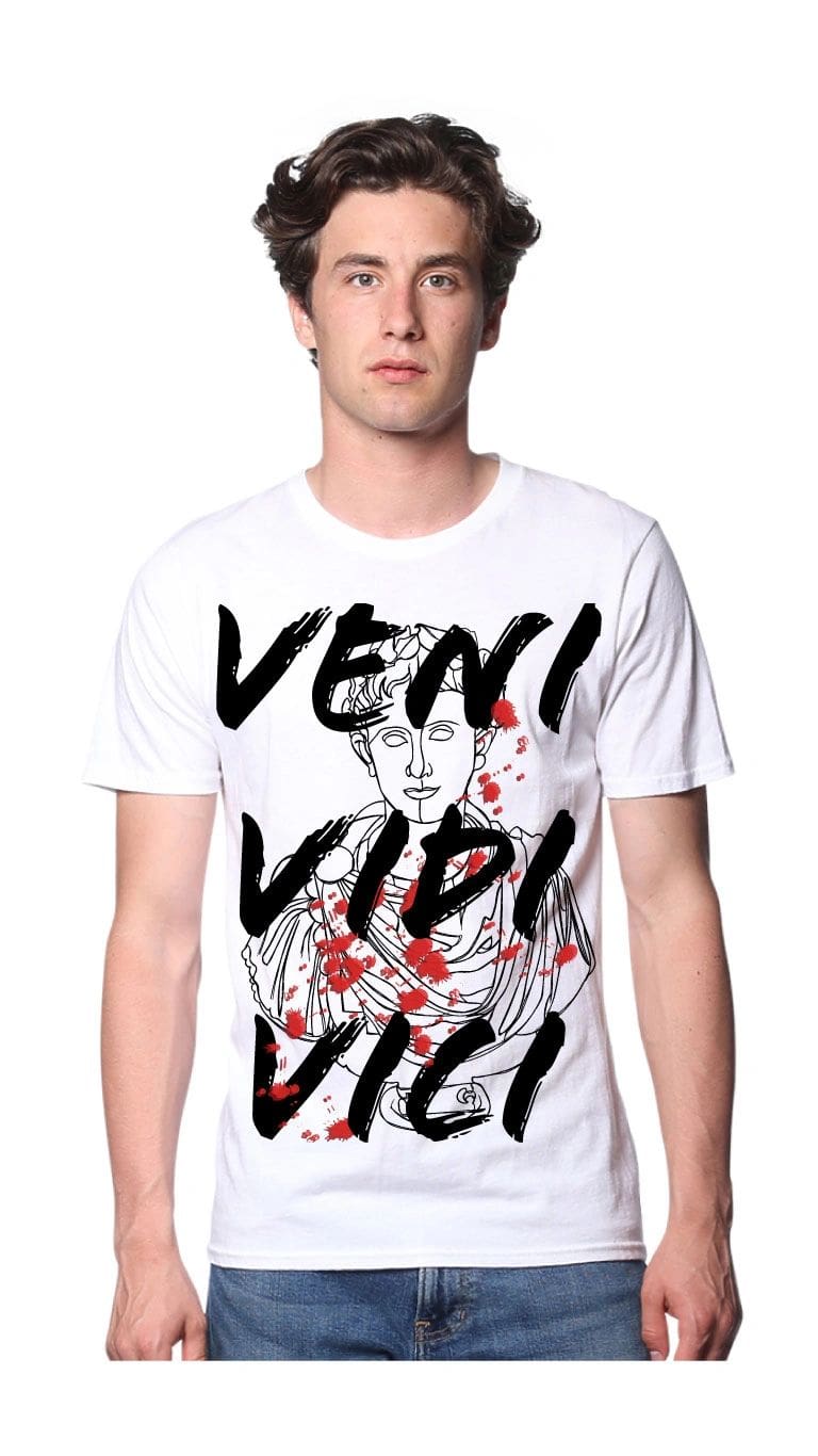 White T-shirt with bold black text