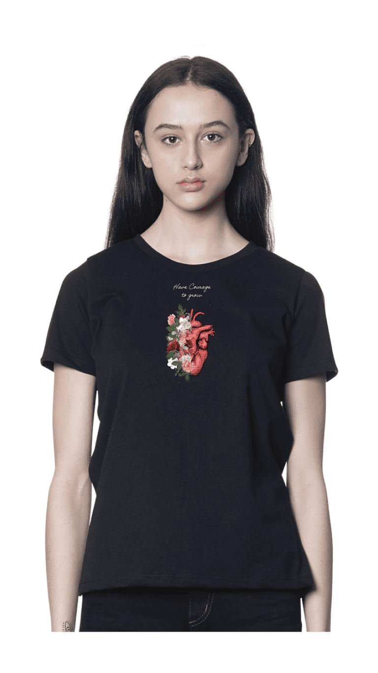 Black t-shirt with floral heart design