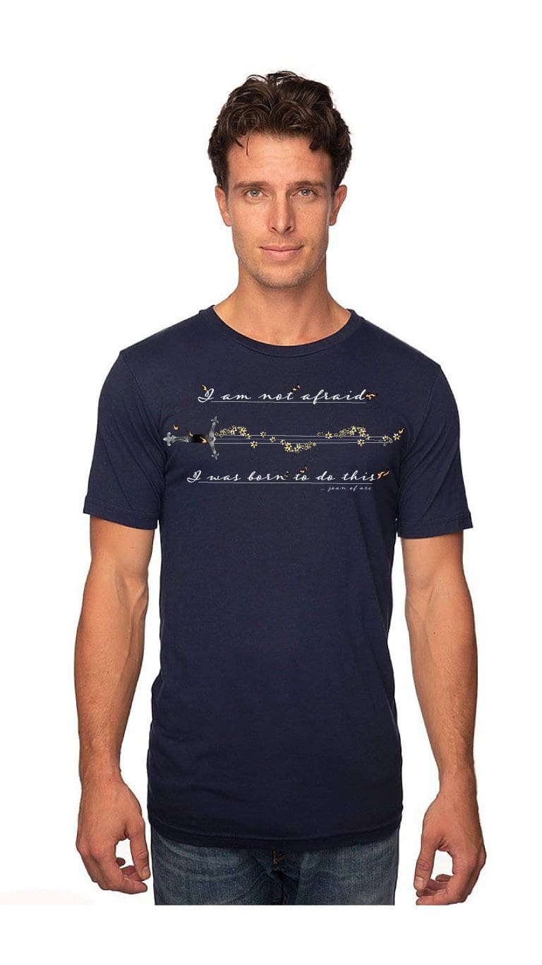 Person modeling dark blue t-shirt