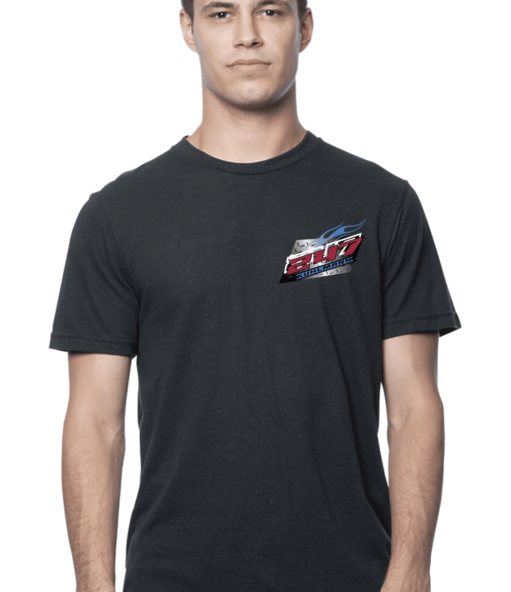 Person in plain dark t-shirt