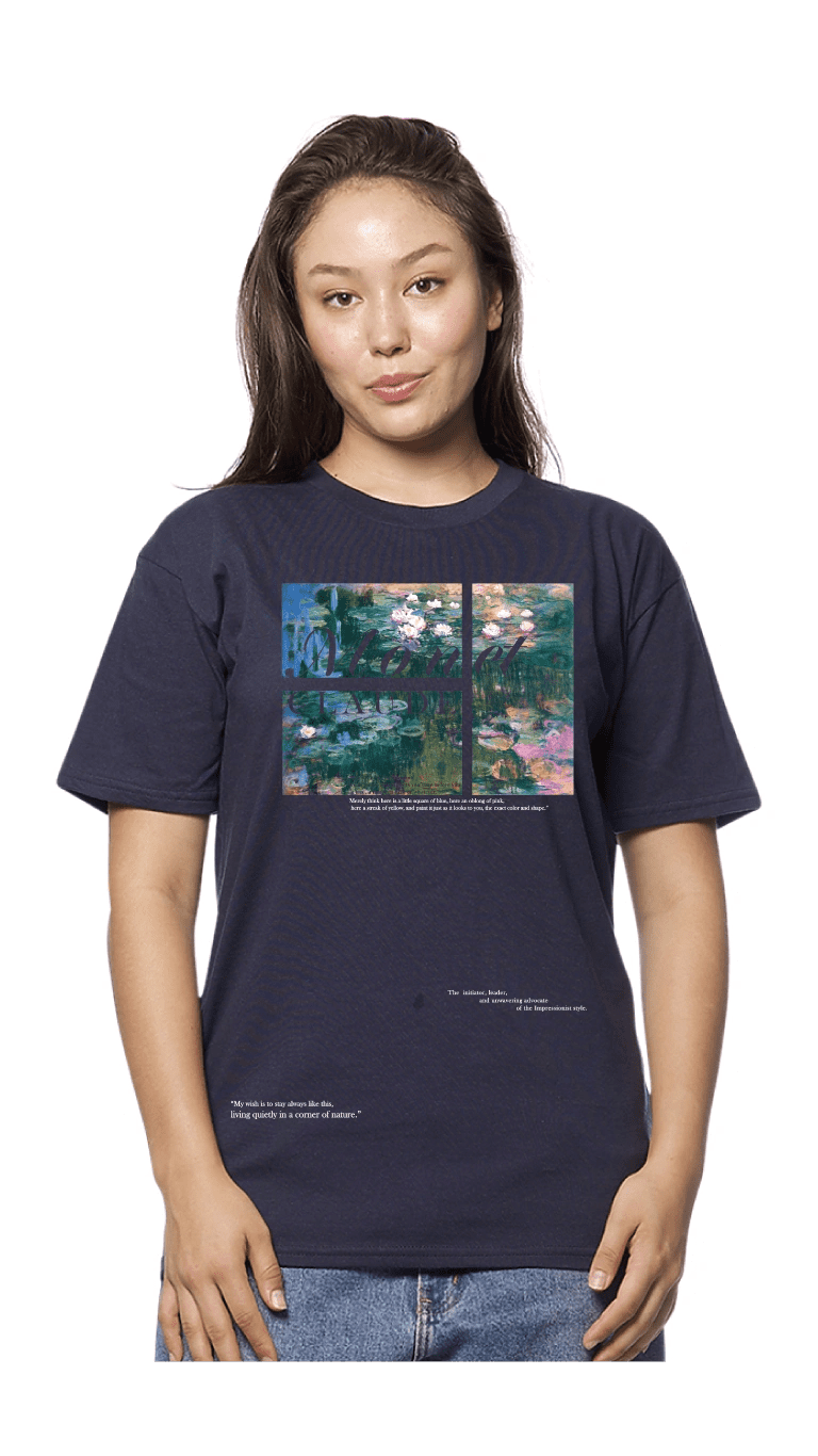 Woman wearing a navy graphic tee