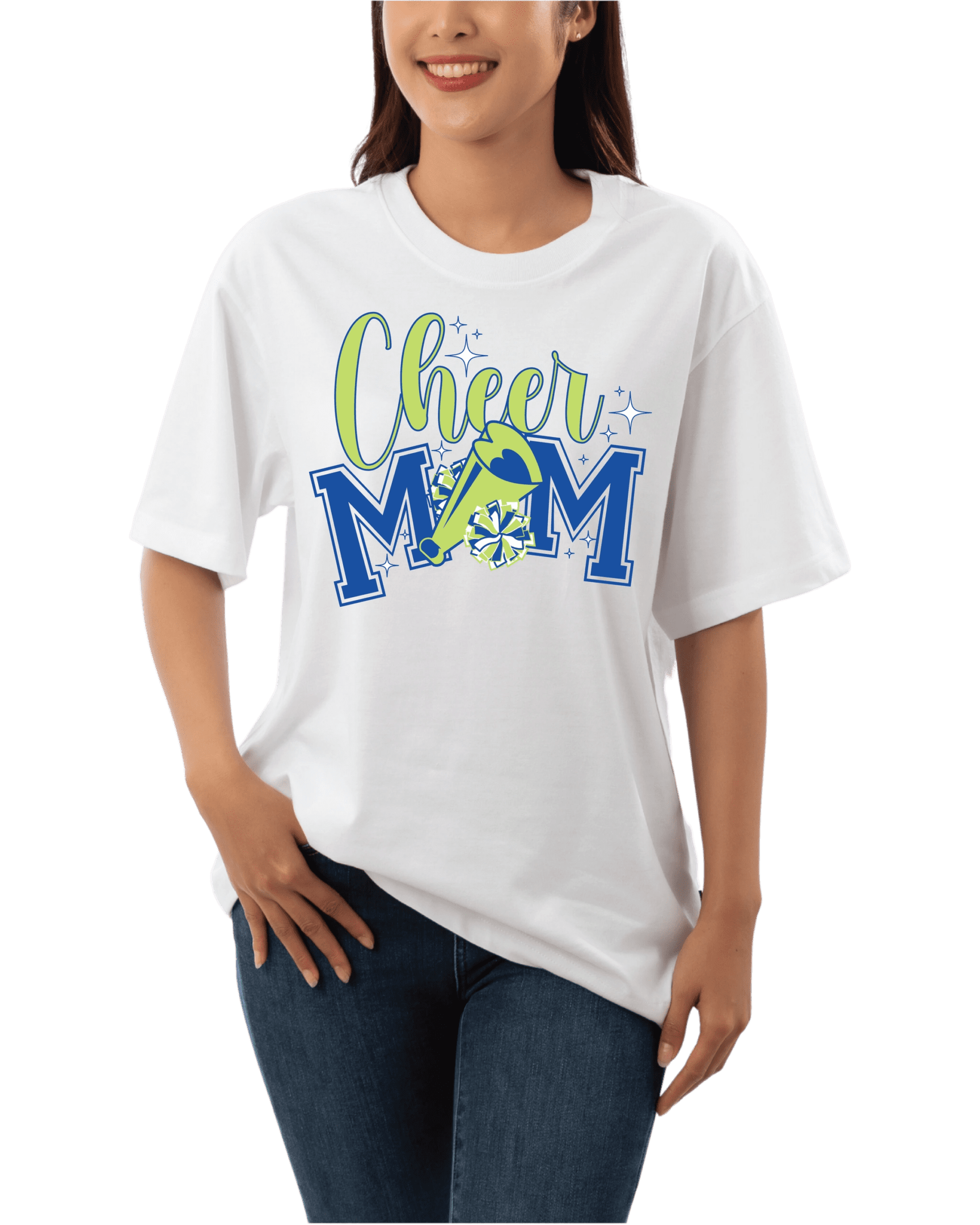 Woman wearing "Cheer Mom" shirt
