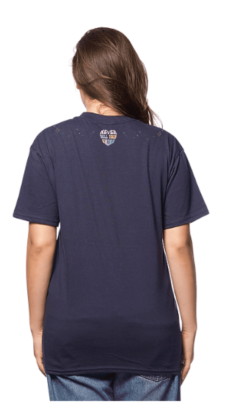 Woman wearing dark blue shirt, facing away
