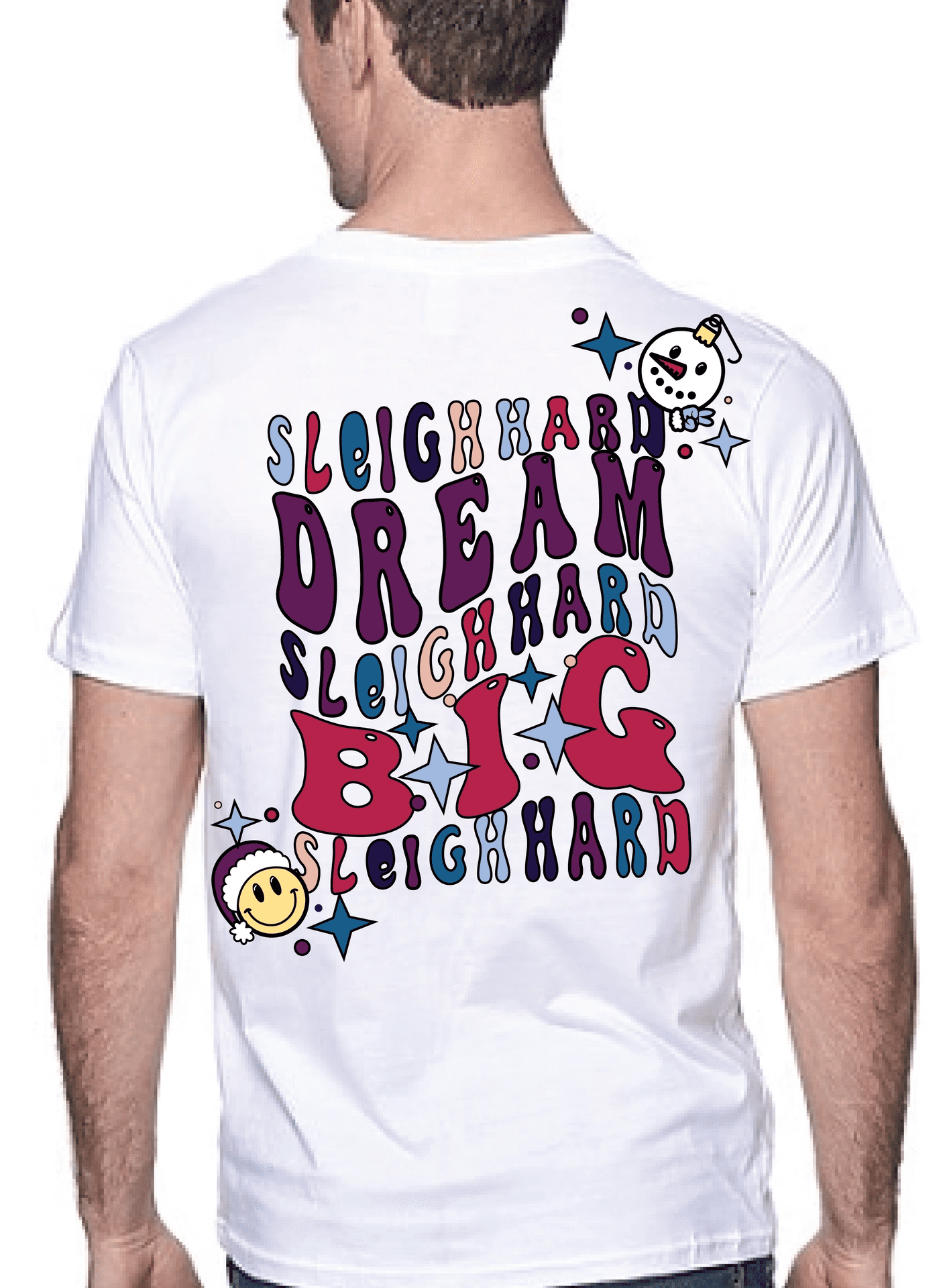 White t-shirt with colorful design and lettering.
