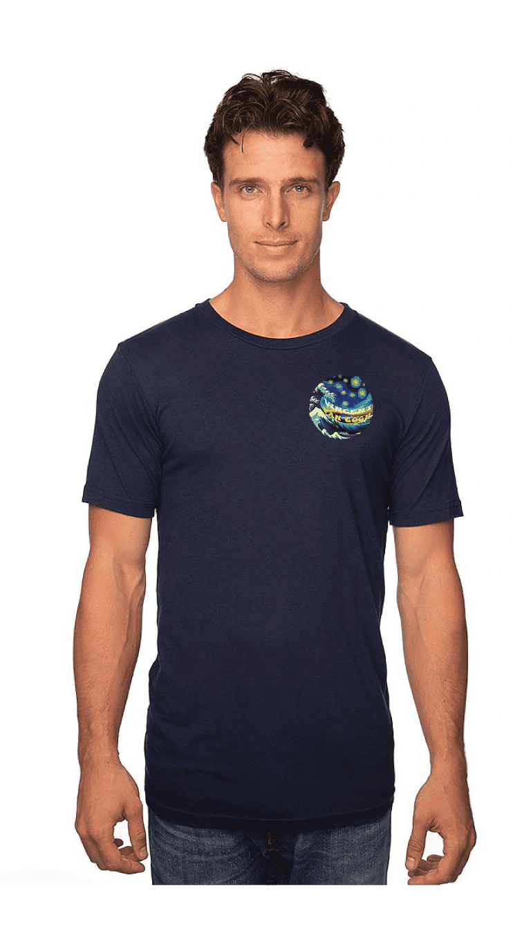 Man wearing a navy graphic t-shirt