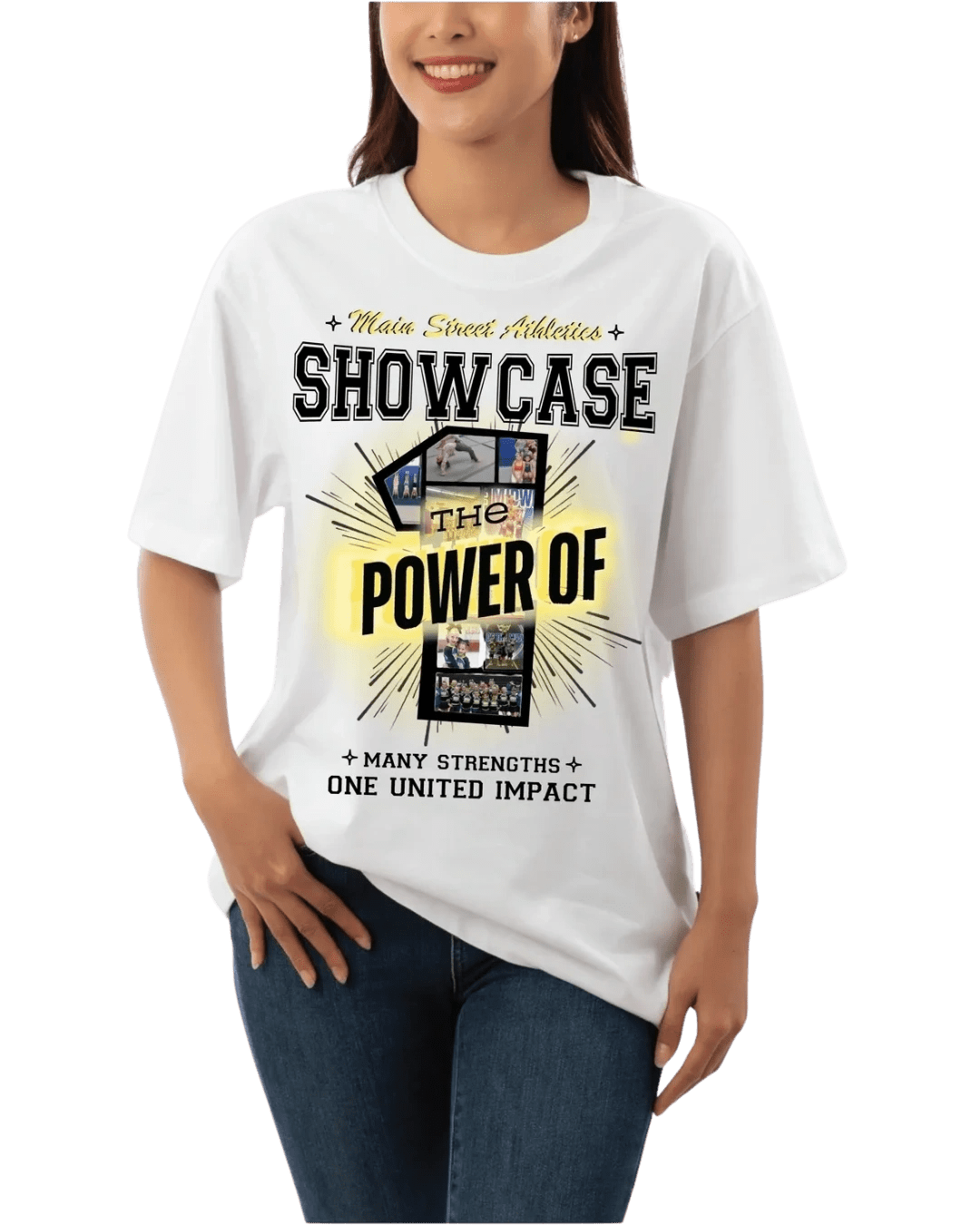 Woman wearing graphic T-shirt with message