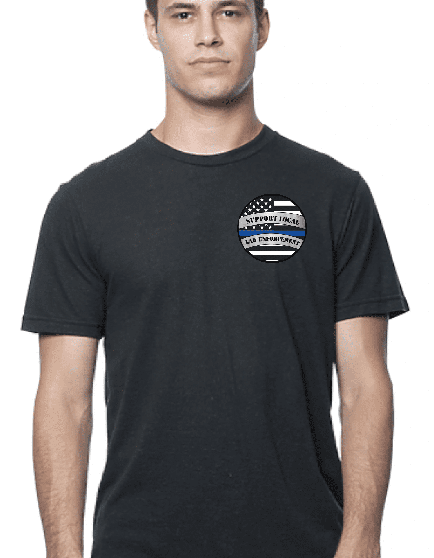 Man wearing black T-shirt with logo