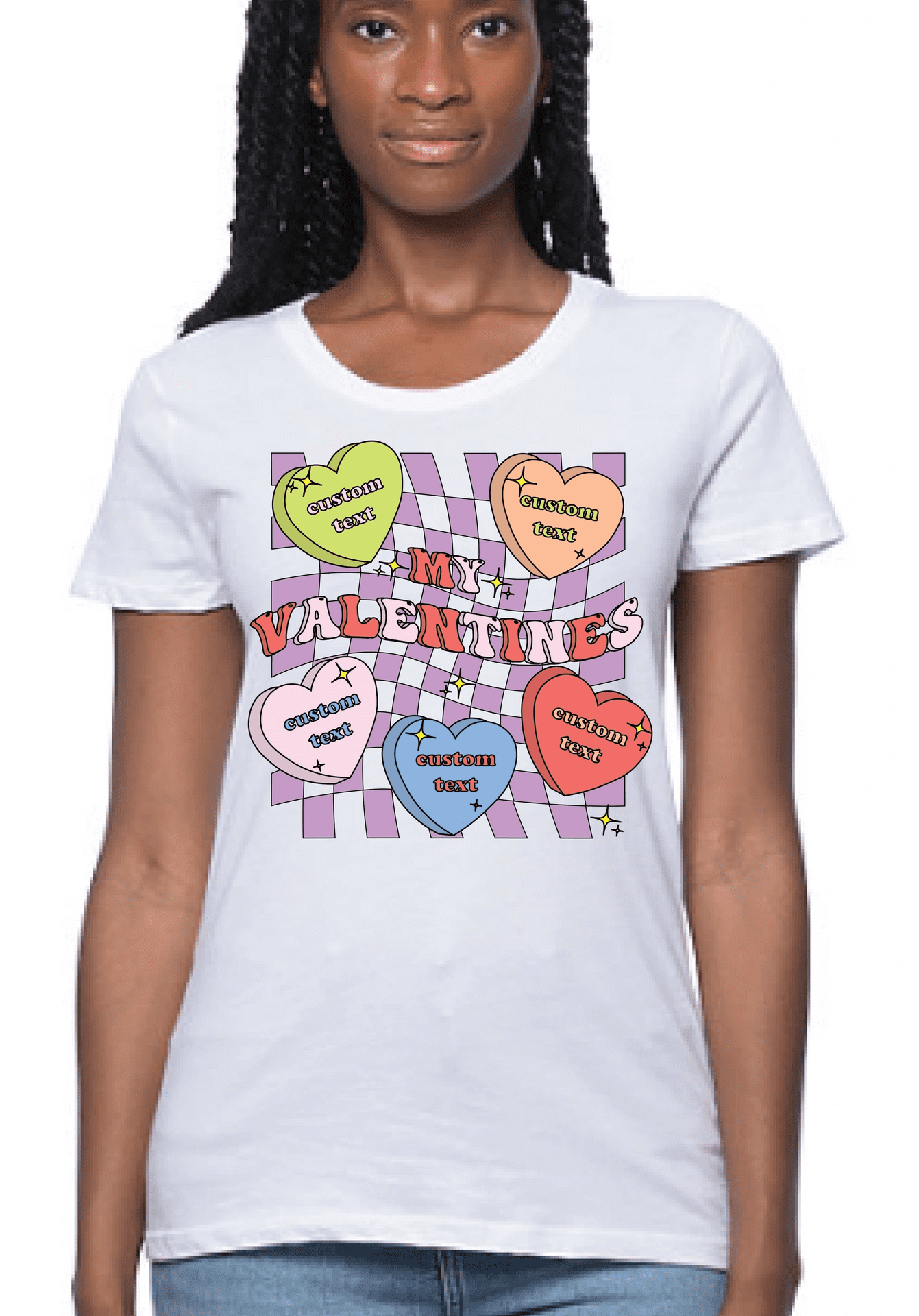 Woman wearing white T-shirt with heart design.