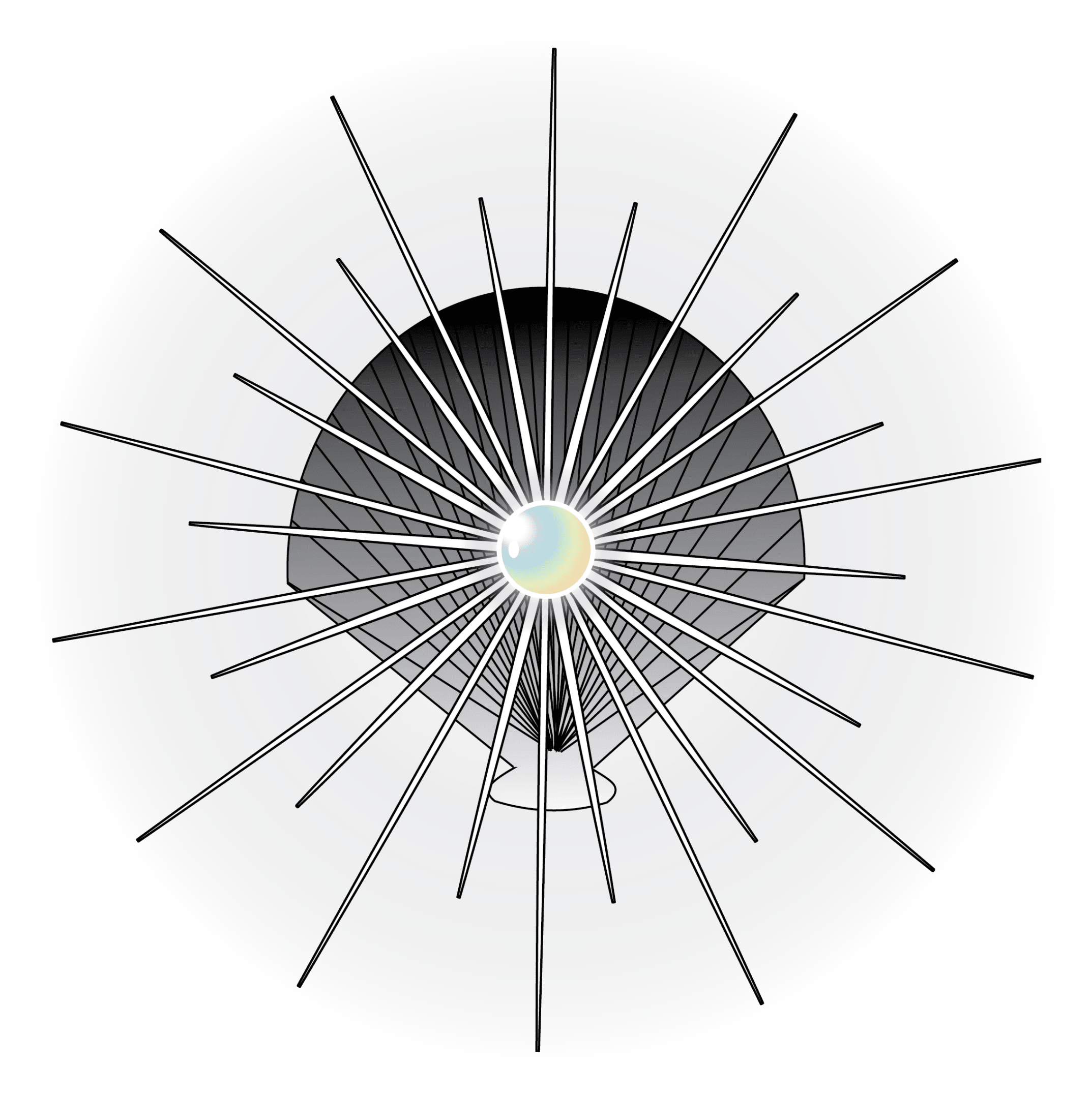 Top-down view of a circular structure with radial spokes and a central colored core.